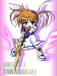 Rule 34 | 00s, 1girl, :o, blue gloves, bow, bowtie, character name, chibi, dress, fingerless gloves, gloves, holding, holding weapon, long sleeves, looking at viewer, lyrical nanoha, magical girl, mahou shoujo lyrical nanoha, mahou shoujo lyrical nanoha strikers, open mouth, polearm, raising heart, red bow, red bowtie, shoes, solo, spear, standing, takamachi nanoha, twintails, weapon, white dress, winged footwear, wings