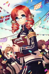 Rule 34 | 5girls, aqua eyes, armband, brown hair, clipboard, confetti, drill hair, flag, flags of all nations, flower, glasses, green eyes, lowres, multiple girls, open mouth, purple hair, red hair, shorts, smile, sword girls, track suit, twin drills, twintails, vernika answer