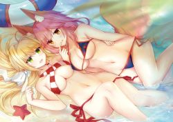 Rule 34 | (fate) (all), 2girls, :d, :q, ahoge, animal ear fluff, animal ears, arm around waist, artist request, bare arms, bare shoulders, barefoot, beach, bikini, bikini pull, blonde hair, blue bikini, blurry, blurry foreground, blush, bow, braid, breasts, cleavage, closed mouth, clothes pull, commentary, criss-cross halter, day, fate/grand order, fate (series), finger to mouth, fox ears, fox girl, fox tail, from above, green eyes, hair bow, hair intakes, halterneck, highres, ice (ice), innertube, knee up, large breasts, long hair, looking at viewer, micro bikini, multiple girls, navel, nero claudius (fate), nero claudius (fate) (all), nero claudius (swimsuit caster) (fate), open mouth, orange eyes, orange ribbon, outdoors, pink hair, red bikini, red ribbon, ribbon, sand, side-tie bikini bottom, smile, starfish, stomach, strap gap, striped bikini, striped clothes, swim ring, swimsuit, tail, tamamo (fate), tamamo no mae (swimsuit lancer) (fate), teeth, tongue, tongue out, underboob, upper teeth only, water, white bow