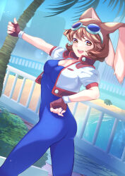 Rule 34 | 1girl, animal ears, beach, blue sky, blue unitard, blush, bodysuit, breasts, brown eyes, brown hair, buttons, cleavage, collarbone, commentary request, covered navel, cropped jacket, day, fingerless gloves, gloves, goggles, goggles on head, hand on own hip, highres, jacket, looking at viewer, makihara arina, open clothes, open mouth, outdoors, palm tree, puffy short sleeves, puffy sleeves, rabbit ears, short hair, short sleeves, simple background, skin tight, sky, small breasts, smile, teeth, thumbs up, tree, unitard, upper teeth only, user dttw2327, waku waku 7, water