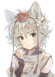Rule 34 | 1girl, animal ears, armor, blush, brown eyes, closed mouth, commentary request, detached sleeves, grey hair, hair between eyes, hat, inubashiri momiji, japanese armor, kote, looking at viewer, matsuda (matsukichi), messy hair, pom pom (clothes), shirt, short hair, sleeveless, sleeveless shirt, solo, tokin hat, touhou, upper body, wolf ears