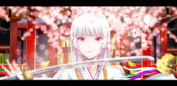 Rule 34 | 1girl, architecture, bell, blunt bangs, blurry, cherry blossoms, commentary request, depth of field, east asian architecture, hankachi (okayama012), highres, holding, holding weapon, japanese clothes, jingle bell, kagura suzu, katana, kimono, letterboxed, long hair, looking at viewer, miko, original, parted lips, red eyes, reflection, shrine, sidelocks, solo, sword, tassel, upper body, weapon, white hair, white kimono
