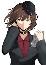 Rule 34 | 1girl, beret, black hat, black jacket, brown eyes, brown hair, closed mouth, floating hair, girls und panzer, hand up, hat, headphones, headset, jacket, jitome, long sleeves, looking at viewer, medium hair, microphone, necro (nekurodayo), nishizumi maho, red shirt, shirt, simple background, solo, upper body, white background