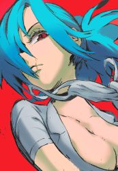 Rule 34 | + +, 1girl, 2018, blue hair, breasts, cleavage, collarbone, hair over one eye, looking down, mask, mask pull, unworn mask, ponytail, red background, red eyes, scar on mouth, skullgirls, solo, upper body, valentine (skullgirls), zaonyan