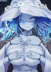 Rule 34 | 1girl, alternate breast size, blue hair, blue skin, breasts, cleavage cutout, clothing cutout, collarbone, colored skin, elden ring, extra arms, hands on own chest, hat, highres, jewelry, jtveemo, large breasts, looking at viewer, one eye closed, ranni the witch, ring, short hair, smile, solo, twitter username, white hat, witch, witch hat