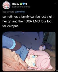 Rule 34 | 2girls, 500 dollar four foot tall mareep (meme), arknights, blue eyes, blue hair, blue jacket, blue nails, blue poison (arknights), bright pupils, character doll, english text, glaucus (arknights), hairband, highres, hood, hood up, jacket, long sleeves, looking at viewer, lying, meme, multicolored hair, multiple girls, nail polish, numbered, on side, pink hair, ruri (dailybloopy), selfie, smile, streaked hair, stuffed animal, stuffed octopus, stuffed toy, twitter, under covers, white pupils, yuri