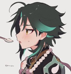 Rule 34 | 1boy, ahoge, bead necklace, beads, black hair, blush, commentary request, facial mark, food, forehead mark, from side, genshin impact, gradient hair, green hair, grey background, highres, jewelry, male focus, multicolored hair, necklace, parted lips, portrait, profile, simple background, solo, spoon, sweat, twitter username, xiao (genshin impact), yamu gnsn, yellow eyes