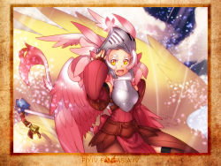 Rule 34 | 1girl, armor, bell, bow, cararina, copyright name, detached sleeves, fang, feathers, female focus, hazuki gean, helmet, open mouth, outdoors, pink hair, pixiv fantasia, pixiv fantasia 4, sky, slit pupils, solo, sparkle, staff, tail, wings, yellow eyes