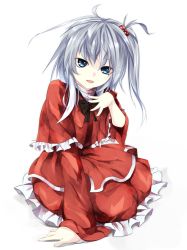 Rule 34 | 1girl, blue eyes, capelet, dress, gorilla (bun0615), grey eyes, hair bobbles, hair ornament, highres, long sleeves, looking at viewer, one side up, open mouth, red dress, shinki (touhou), simple background, sitting, solo, touhou, touhou (pc-98), white background, white hair, wide sleeves