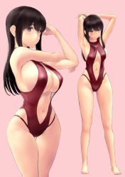 Rule 34 | 1girl, akagi (kancolle), armpits, arms behind head, arms up, bad id, bad twitter id, bare arms, bare legs, barefoot, blush, breasts, brown eyes, brown hair, closed mouth, clothing cutout, covered erect nipples, full body, hair between eyes, highleg, highleg swimsuit, highres, kantai collection, long hair, looking at viewer, medium breasts, multiple views, navel, navel cutout, one-piece swimsuit, pink background, red one-piece swimsuit, simple background, smile, standing, stomach, swimsuit, toes, wa (genryusui)