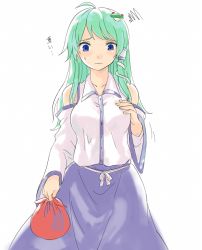 Rule 34 | 1girl, bag, blue eyes, carrying bag, detached sleeves, frog, frog hair ornament, frown, green hair, hair ornament, hair tubes, hands on own chest, kochiya sanae, long hair, looking down, miyo (ranthath), simple background, snake hair ornament, solo, squiggle, sweatdrop, touhou, white background, wide sleeves