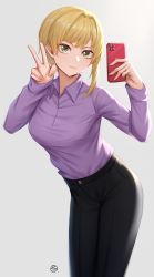 1girl :3 absurdres black_pants blonde_hair blush breasts cellphone collared_shirt eyes_visible_through_hair green_eyes hands_up high-waist_pants highres holding holding_phone hua-j idolmaster idolmaster_cinderella_girls long_sleeves looking_at_viewer medium_hair miyamoto_frederica pants phone purple_shirt shirt signature smartphone smile solo standing v