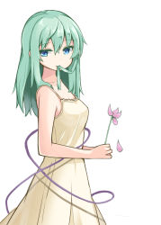 Rule 34 | 1girl, alternate costume, alternate hair length, alternate hairstyle, bare arms, bare shoulders, blue eyes, dress, flower, from side, green hair, hair in own mouth, holding, holding flower, komeiji koishi, long hair, looking at viewer, looking to the side, aged up, ominaeshi (takenoko), petals, sleeveless, sleeveless dress, solo, touhou