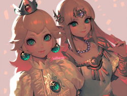 Rule 34 | 2girls, aqua eyes, artist name, bellhenge, blonde hair, blush, bracelet, breasts, brooch, closed mouth, crown, dress, dutch angle, earrings, gem, glint, green gemstone, grey background, jewelry, long hair, looking at viewer, mario (series), medium breasts, multiple girls, nail polish, necklace, nintendo, parted bangs, pearl necklace, pink nails, pointy ears, princess peach, princess zelda, puffy short sleeves, puffy sleeves, short sleeves, simple background, smile, super smash bros., the legend of zelda, upper body, white dress