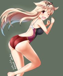Rule 34 | 1girl, alternate costume, ass, blonde hair, competition swimsuit, cowboy shot, dated, fang, from behind, grey background, hair flaps, hair ornament, hairclip, kantai collection, long hair, looking at viewer, minase (takaoka nanase), one-piece swimsuit, open mouth, red eyes, red one-piece swimsuit, simple background, smile, solo, swimsuit, twitter username, yuudachi (kancolle), yuudachi kai ni (kancolle)