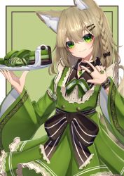 Rule 34 | 1girl, absurdres, animal ear fluff, animal ears, black bow, black choker, bow, braid, brown hair, choker, closed mouth, commentary request, dress, fang, fang out, food, fox ears, fox girl, fox tail, frilled dress, frills, green background, green bow, green dress, green eyes, green nails, green theme, hair between eyes, hair ornament, hairclip, highres, hinata (user rjkt4745), holding, holding tray, jewelry, juliet sleeves, long hair, long sleeves, matcha (food), nail polish, original, puffy sleeves, ring, smile, solo, striped, striped bow, tail, tray, two-tone background, w, white background, wide sleeves