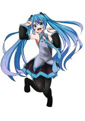 Rule 34 | 1girl, absurdres, black thighhighs, blue eyes, blue hair, detached sleeves, hatsune miku, highres, kazenoko, long hair, looking at viewer, matching hair/eyes, necktie, open mouth, simple background, skirt, smile, solo, thighhighs, twintails, very long hair, vocaloid, white background