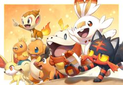 Rule 34 | beak, black eyes, blue eyes, charmander, chimchar, closed eyes, closed mouth, colored sclera, creatures (company), cyndaquil, fangs, fennekin, fuecoco, game freak, gen 1 pokemon, gen 2 pokemon, gen 3 pokemon, gen 4 pokemon, gen 5 pokemon, gen 6 pokemon, gen 7 pokemon, hands up, kemonomichi (blue black), litten, nintendo, on head, one eye closed, open mouth, orange background, orange eyes, pointing, pokemon, pokemon (creature), pokemon on head, red eyes, shadow, signature, smile, tepig, torchic, yellow sclera