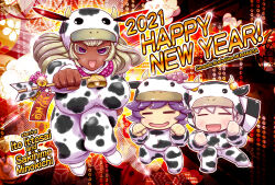 Rule 34 | 1girl, 2021, 2boys, abstract background, animal costume, animal print, aritsu chi, arrow (projectile), blonde hair, breasts, chibi, chinese zodiac, closed eyes, cow costume, cow hat, cow horns, cow print, cowbell, dark-skinned female, dark skin, english text, holding, holding arrow, horns, huge breasts, itou ittousai (sengoku bushouki muramasa), long hair, multiple boys, no nose, open mouth, purple eyes, purple hair, sengoku bushouki muramasa, shiny skin, taut clothes, white hair, year of the ox