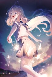 1girl absurdres ahoge bare_legs black_skirt blue_eyes blurry blurry_background commentary_request fireworks hair_intakes highres holding holding_fireworks legs light_blush long_hair night night_sky open_mouth original outdoors school_uniform shirt signature skirt sky smile solo sparkler takemura_kou very_long_hair white_hair white_shirt