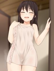 Rule 34 | 1girl, bare shoulders, black hair, blurry, blurry background, closed eyes, collarbone, commentary request, cowboy shot, facing viewer, hakurei reimu, highres, indoors, long hair, miyo (ranthath), naked towel, open mouth, solo, steaming body, thigh gap, touhou, towel, water drop, wet, white towel
