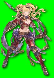 Rule 34 | 1girl, armor, armored boots, black panties, blonde hair, blue eyes, boots, braid, breasts, cleavage, crop top, drop shadow, full body, gauntlets, gold trim, granblue fantasy, granblue fantasy versus, hair ornament, hairband, highres, long hair, looking at viewer, medium breasts, midriff, minaba hideo, navel, official art, panties, parted lips, pleated skirt, polearm, shoulder armor, skirt, smile, solo, spear, stomach, transparent background, twintails, underwear, weapon, zeta (granblue fantasy)