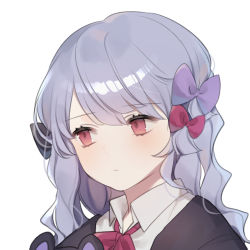 Rule 34 | 1girl, bad id, bad pixiv id, black bow, black cardigan, blush, bow, cardigan, closed mouth, collared shirt, curly hair, hair between eyes, hair bow, head tilt, long hair, looking away, looking to the side, lowres, moffle (ayabi), original, portrait, purple bow, purple hair, red bow, red eyes, shirt, simple background, solo, white background, white shirt