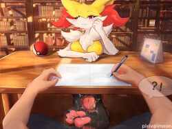 Rule 34 | !?, 1boy, 1girl, animal ear fluff, animal ears, animal feet, animal nose, artist name, black fur, blush, body fur, book, bookshelf, braixen, breasts, closed mouth, creatures (company), cum, cum on body, cum on feet, cum on penis, cumdrip, footjob, fox ears, fox girl, furry, furry female, furry with non-furry, game freak, gen 6 pokemon, hand on own cheek, hand on own face, holding, holding pen, imoon, indoors, interspecies, looking at viewer, medium breasts, multicolored fur, neck fur, nintendo, paper, pawpads, pen, penis, penis out, pixiv username, poke ball, poke ball (basic), pokemon, pokemon (creature), pokephilia, pov, pov hands, red eyes, sitting, smile, snout, solo focus, speech bubble, spoken interrobang, stealth sex, table, uncensored, white fur, yellow fur