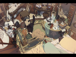 Rule 34 | 2boys, animal ears, apple, apron, bed, blanket, blonde hair, book, bookshelf, boots, brown theme, cat boy, cat ears, cat tail, chair, desk, food, from above, fruit, green theme, honya lala, incense, indoors, jar, konoe (lamento), lamento, leaf, letterboxed, male focus, mortar (bowl), multiple boys, muted color, pentagram, pillow, plant, potted plant, red hair, rocking chair, room, roomscape, runes, scenery, sitting, sleeping, table, tail, tree, utau tai