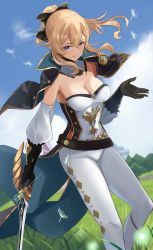 Rule 34 | 1girl, belt, blonde hair, blue capelet, blue eyes, blue sky, blush, bow, breasts, capelet, cleavage, dandelion seed, favonius sword (genshin impact), gauntlets, genshin impact, hair bow, highres, jean (genshin impact), large breasts, long hair, looking at viewer, manjirou (manji illust), multicolored capelet, pants, ponytail, sidelocks, sky, smile, solo, sword, thighs, tight clothes, tight pants, weapon, white pants