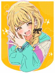 Rule 34 | 1girl, blonde hair, blush, braid, cropped torso, fang, fujita kotone, gakuen idolmaster, gujin (tp acid), hair ribbon, head tilt, heart, idolmaster, jacket, long sleeves, looking at viewer, multicolored clothes, multicolored jacket, own hands together, palms together, ribbon, smile, solo, sparkle, yellow eyes
