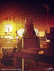 Rule 34 | 1girl, animal ears, artist name, brown hair, candle, colorized, from behind, holo, indoors, koume keito, long hair, m.k.ray, reading, signature, solo, spice and wolf, straight hair, wolf ears