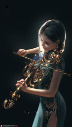 Rule 34 | 1girl, artist name, black background, black hair, blurry, china dress, chinese clothes, closed eyes, crying, dark, dress, dutch angle, earrings, eyelashes, fantasy, gears, highres, instrument, jewelry, lips, long hair, making-of available, music, original, parted bangs, patreon username, playing instrument, simple background, solar system, solo, tears, violin, watermark, wlop
