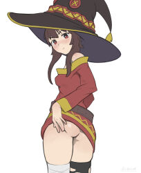 Rule 34 | 1girl, ass, ass focus, ass support, asymmetrical legwear, bandaged leg, bandages, bare shoulders, belt, bottomless, brown belt, closed mouth, cowboy shot, dress, from behind, hat, highres, kono subarashii sekai ni shukufuku wo!, looking at viewer, looking back, megumin, mismatched legwear, nicassio, pout, red dress, red eyes, short dress, short hair with long locks, simple background, single thighhigh, solo, strapless, strapless dress, thighhighs, thighs, white background, witch hat