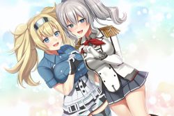 Rule 34 | 2girls, absurdres, blonde hair, blue eyes, blue shirt, breast pocket, breasts, buttons, collared shirt, dutch angle, epaulettes, gambier bay (kancolle), gloves, grey legwear, hairband, heart, heart hands, heart hands duo, highres, jacket, kantai collection, kashima (kancolle), large breasts, long sleeves, military, military jacket, military uniform, miniskirt, miyotarou, multicolored clothes, multicolored gloves, multiple girls, neckerchief, pleated skirt, pocket, red neckerchief, shirt, shorts, sidelocks, silver hair, skirt, thighhighs, twintails, uniform, wavy hair, white gloves, white jacket, white legwear