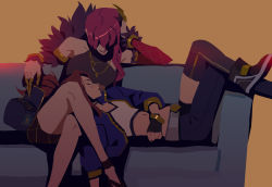 Rule 34 | 2girls, akali, asymmetrical clothes, backlighting, baseball cap, breasts, brown hair, head rest, choker, claw (weapon), commentary, cropped jacket, english commentary, evelynn (league of legends), feather boa, fingerless gloves, gloves, hat, unworn hat, unworn headwear, idol, jacket, jewelry, k/da (league of legends), k/da akali, k/da evelynn, lap pillow, league of legends, crossed legs, long hair, looking at another, looking down, medium breasts, midriff, miniskirt, multiple girls, navel, necklace, open clothes, open jacket, pink hair, ponytail, shoes, single pantsleg, single thighhigh, skirt, small breasts, sneakers, suqling, thighhighs, weapon, yuri