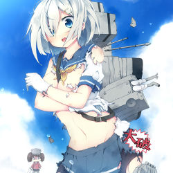 Rule 34 | 10s, 2girls, bad id, bad pixiv id, belt, blue eyes, blue skirt, blush, breasts, covering privates, covering breasts, fuuen (akagaminanoka), gloves, hair ornament, hair over one eye, hairclip, hamakaze (kancolle), kantai collection, looking at viewer, multiple girls, navel, open mouth, pantyhose, ryuujou (kancolle), school uniform, serafuku, short hair, silver hair, skirt, torn clothes, torn legwear, torn skirt, white gloves