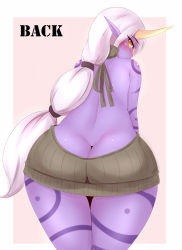 Rule 34 | 1girl, :o, aran sweater, ass, ayatori (aytr), backless dress, backless outfit, cable knit, colored skin, dress, embarrassed, from behind, highres, horns, league of legends, long hair, looking at viewer, looking back, meme attire, multi-tied hair, naked sweater, pointy ears, ponytail, purple skin, single horn, solo, soraka (league of legends), sweater, sweater dress, tattoo, turtleneck, turtleneck sweater, very long hair, virgin killer sweater, white hair, yellow eyes