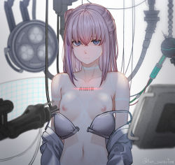 Rule 34 | 1girl, bag, barcode, barcode tattoo, blue eyes, bra, breasts, girls&#039; frontline, highres, long hair, looking at viewer, navel, nipples, off shoulder, open clothes, pink hair, side ponytail, small breasts, solo, st ar-15 (girls&#039; frontline), tattoo, ten cws, underwear