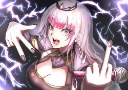 Rule 34 | 1girl, absurdres, angry, black nails, chou oji, highres, hololive, hololive english, long hair, microphone, middle finger, mori calliope, nail polish, open mouth, pink hair, red eyes, tiara, veil, virtual youtuber