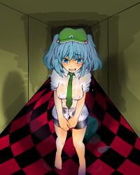 Rule 34 | 1girl, barefoot, baseball cap, bike shorts, blue eyes, blue hair, blush, breasts, buttons, checkered floor, covered erect nipples, covering privates, covering crotch, dress shirt, embarrassed, floor, full body, hair bobbles, hair ornament, hallway, hat, highres, indoors, kawashiro nitori, leaning forward, looking at viewer, machi no dakashiya, matching hair/eyes, necktie, no bra, open mouth, puddle, see-through, shirt, short hair, sleeves rolled up, solo, standing, tears, touhou, two side up, wet, wet clothes, wet shirt, white shirt, wing collar