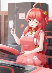 Rule 34 | 1girl, ;d, absurdres, ahoge, apron, blush, cherry blossom print, cooking, cupboard, floral print, frying pan, green eyes, hair between eyes, hair ornament, highres, holding, holding frying pan, holding spatula, hololive, indoors, nyan (reinyan 007), one eye closed, open mouth, pink hair, refrigerator, sakura miko, sakura miko (1st costume), smile, solo, spatula, sticky note, virtual youtuber