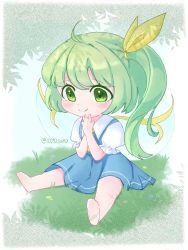 Rule 34 | 1020suna, 1girl, barefoot, blue dress, bow, chibi, collared shirt, daiyousei, day, dress, fairy wings, grass, green eyes, green hair, hair bow, hair ribbon, highres, long dress, looking down, neck ribbon, outdoors, own hands together, pinafore dress, ponytail, puffy short sleeves, puffy sleeves, ribbon, shirt, short dress, short hair, short sleeves, sitting, sleeveless dress, smile, solo, touhou, white shirt, wings, yellow bow, yellow ribbon