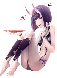 Rule 34 | 1girl, :d, ass, bad id, bad pixiv id, bare shoulders, barefoot, breasts, cup, fate/grand order, fate (series), feet, horns, limeblock, looking at viewer, oni, open mouth, purple eyes, purple hair, revealing clothes, sakazuki, short hair, shuten douji (fate), simple background, smile, solo, teeth, toes, white background