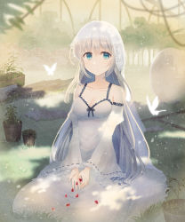 Rule 34 | 1girl, bad id, bad pixiv id, bare shoulders, blurry, blurry foreground, breasts, brick wall, bug, butterfly, chihuri, collarbone, day, depth of field, dress, fingernails, frilled sleeves, frills, grass, green eyes, hair between eyes, highres, insect, juliet sleeves, long hair, long sleeves, looking at viewer, medium breasts, on grass, original, outdoors, parted lips, petals, plant, potted plant, puffy sleeves, ribbon-trimmed sleeves, ribbon trim, see-through, silver hair, sleeveless, sleeveless dress, solo, tree, veil, very long hair, white dress, wide sleeves