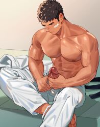 Rule 34 | 1boy, abs, bandaid, bandaid on cheek, bandaid on face, bara, dark-skinned male, dark skin, dougi, foot out of frame, highres, large pectorals, light blush, male focus, male masturbation, masturbation, muscular, muscular male, navel, nipples, open fly, original, pectorals, short hair, sideburns, solo, stomach, sweat, thick eyebrows, topless male, uncensored, youchi123