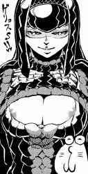 Rule 34 | 1girl, areola slip, armor, black hair, breasts, capcom, cleavage, cleavage cutout, clothing cutout, greyscale, gypceros (armor), hairband, huge breasts, kanemaki thomas, long hair, monochrome, monster hunter (series), scales, smile, solo