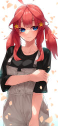 Rule 34 | 1girl, absurdres, ahoge, alternate costume, alternate hairstyle, backlighting, black shirt, blue eyes, blush, breast hold, breasts, casual, closed mouth, collarbone, commentary, cowboy shot, eyes visible through hair, frown, go-toubun no hanayome, hair between eyes, hair ornament, hand on own arm, highres, large breasts, long hair, long sleeves, looking to the side, nakano itsuki, red hair, shirt, shy, sidelocks, simple background, solo, standing, star (symbol), star hair ornament, straight-on, suspenders, tamago sando, twintails, wavy hair, white background