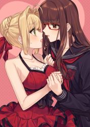 Rule 34 | 2girls, bare shoulders, blonde hair, blush, braid, breasts, brown eyes, brown hair, cleavage, cowboy shot, eye contact, fate/extra, fate/extra ccc, fate (series), french braid, glasses, holding hands, imminent kiss, karokuchitose, kishinami hakuno (female), long hair, looking at another, medium breasts, multicolored hair, multiple girls, nero claudius (fate), nero claudius (fate) (all), nero claudius (fate/extra), official alternate costume, parted lips, pink background, polka dot, polka dot background, red-framed eyewear, school uniform, serafuku, sweatdrop, yuri