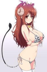 Rule 34 | 1girl, ahoge, animal ears, animal print, bell, bikini, black choker, breast hold, breasts, choker, closed mouth, cow horns, cow print, cow tail, demon girl, demon horns, fake animal ears, front-tie bikini top, front-tie top, gradient background, grey background, highres, horns, large breasts, long hair, looking at viewer, machikado mazoku, mel (melty pot), navel, neck bell, red hair, side-tie bikini bottom, simple background, solo, swimsuit, tail, thighhighs, white thighhighs, yoshida yuuko (machikado mazoku)